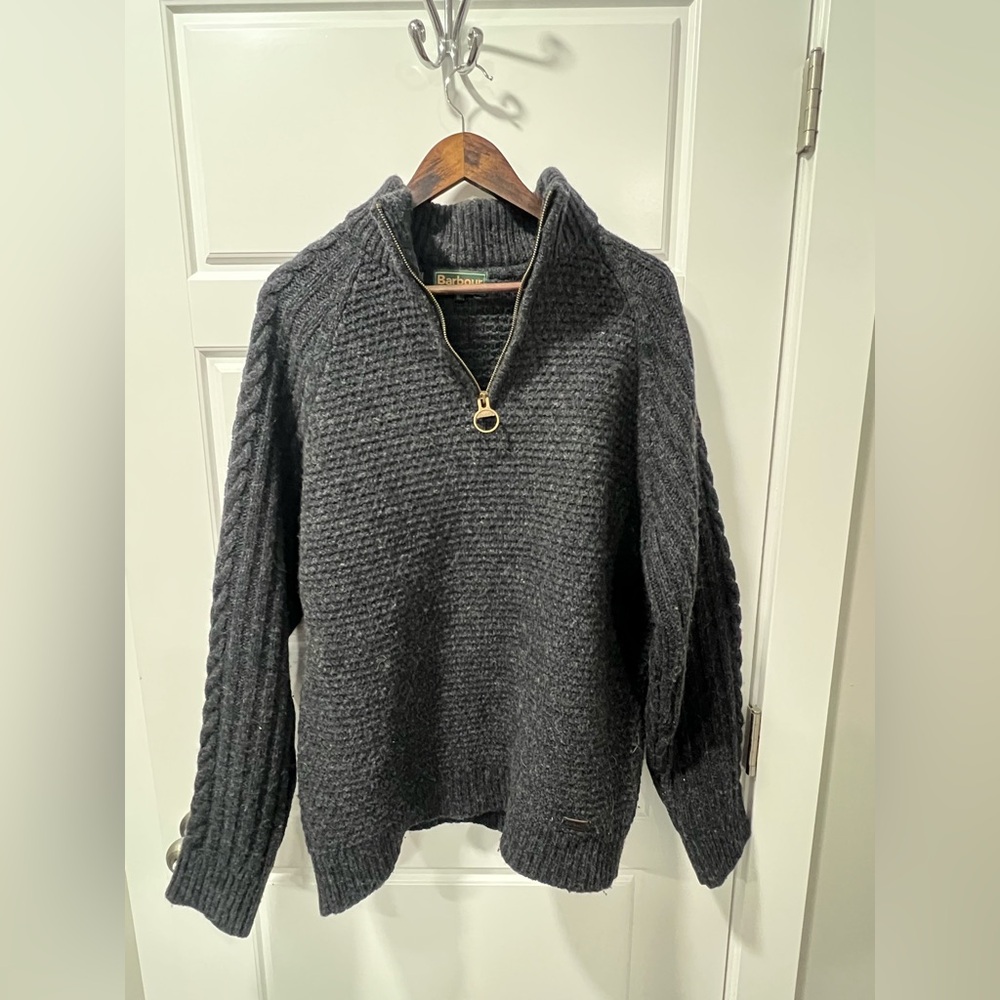 Barbour Gray Textured Knit Zip Up Sweater